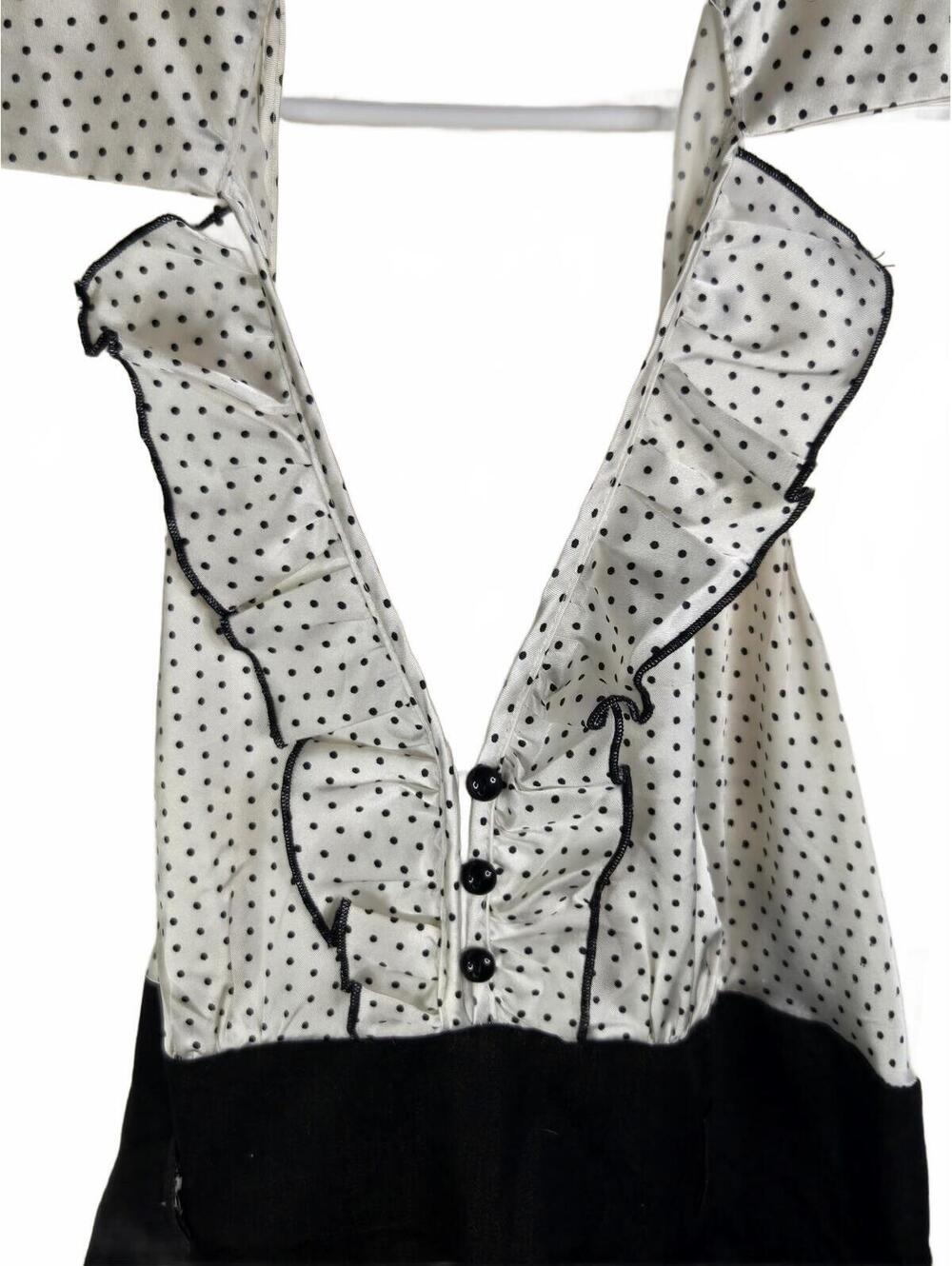 Black and White Polka Dot Halter Dress with Ruffle Detail - Picture 2 of 9